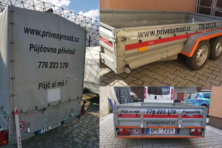 Polepy na vozík za auto. Částečný polep na plechové části vozíku.